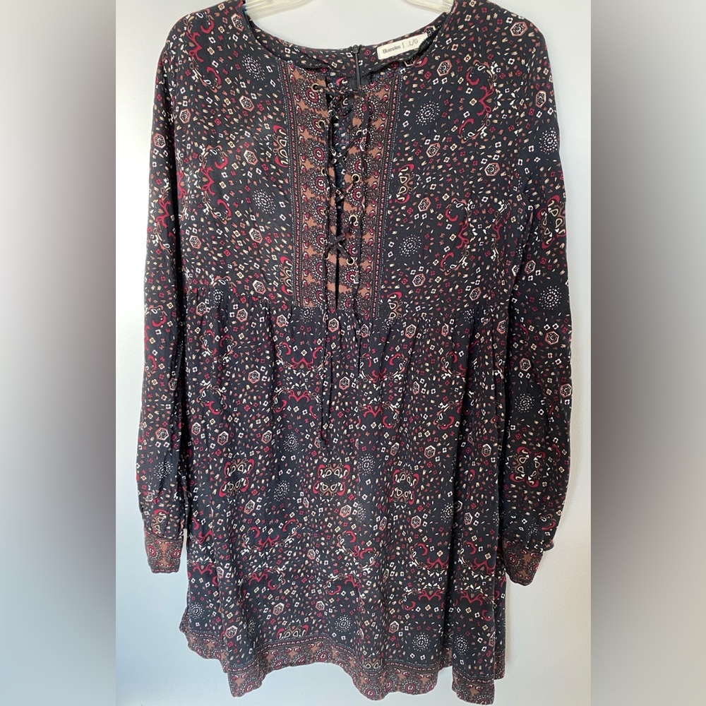 Bluenotes Boho Lace-Up Front Peasant Tunic Dress / Blouse - Size Large
